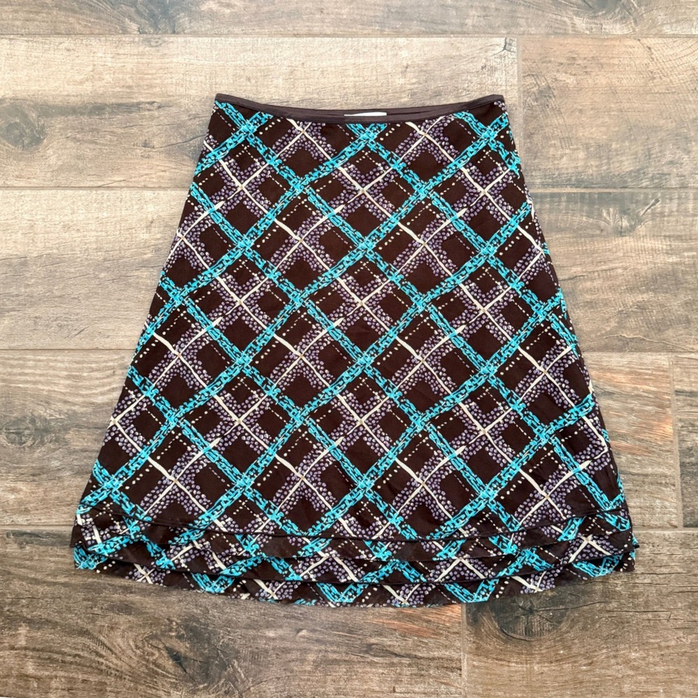 Petite Sophisticate Y2K Women Lattice Mesh Tiered A-Line Skirt,Brown Turquoise,M